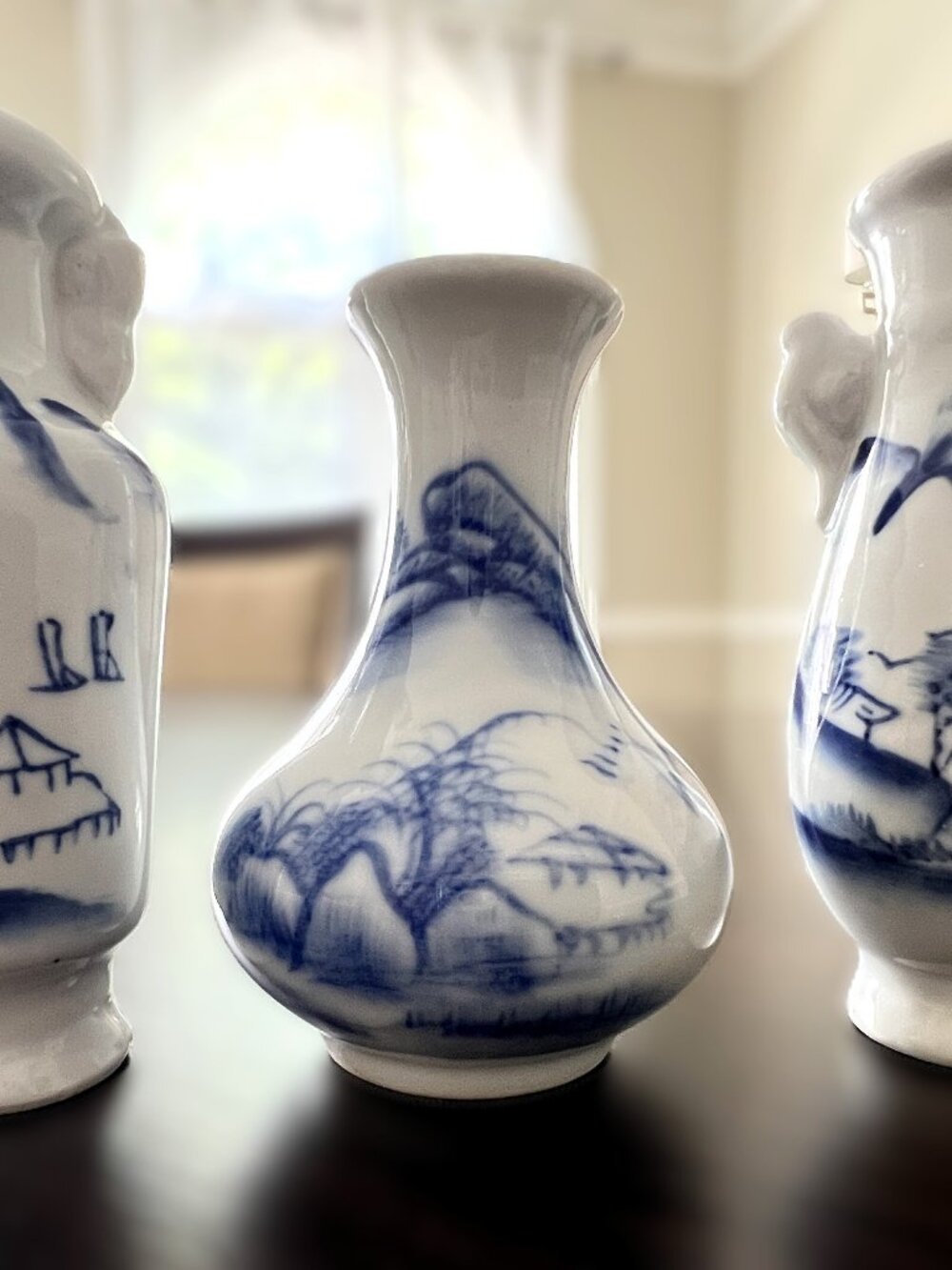 Lot of 3 Vintage Chinese 4" Miniature Blue & White Landscape Porcelain Vases